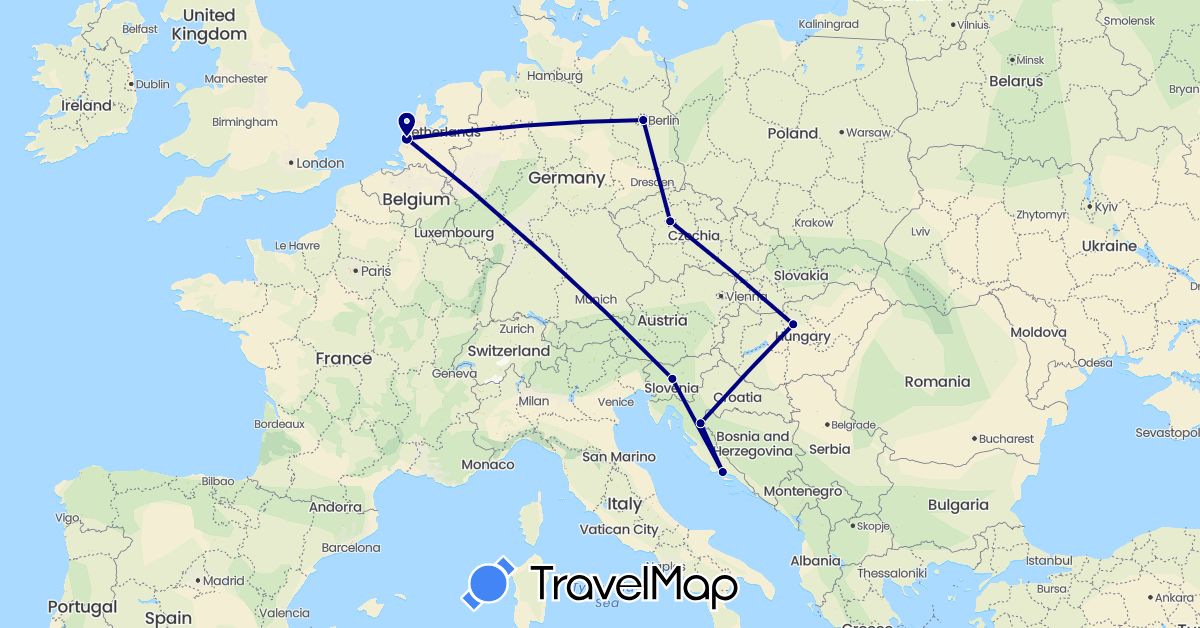 TravelMap itinerary: driving in Czech Republic, Germany, Croatia, Hungary, Netherlands, Slovenia (Europe)